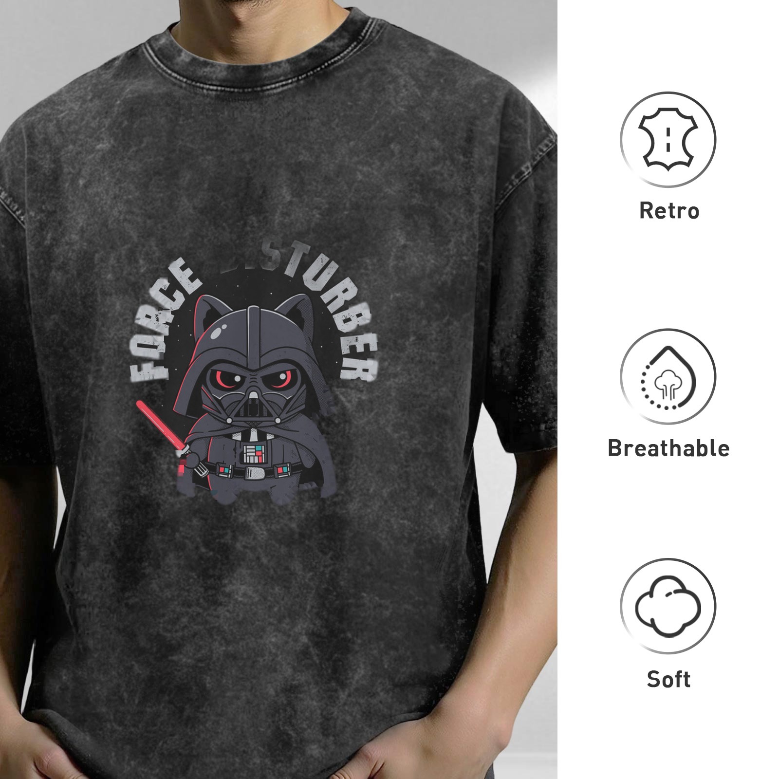 Washed Black T-Shirt with Cute Cat Darth Vader Force Disturber Graphic