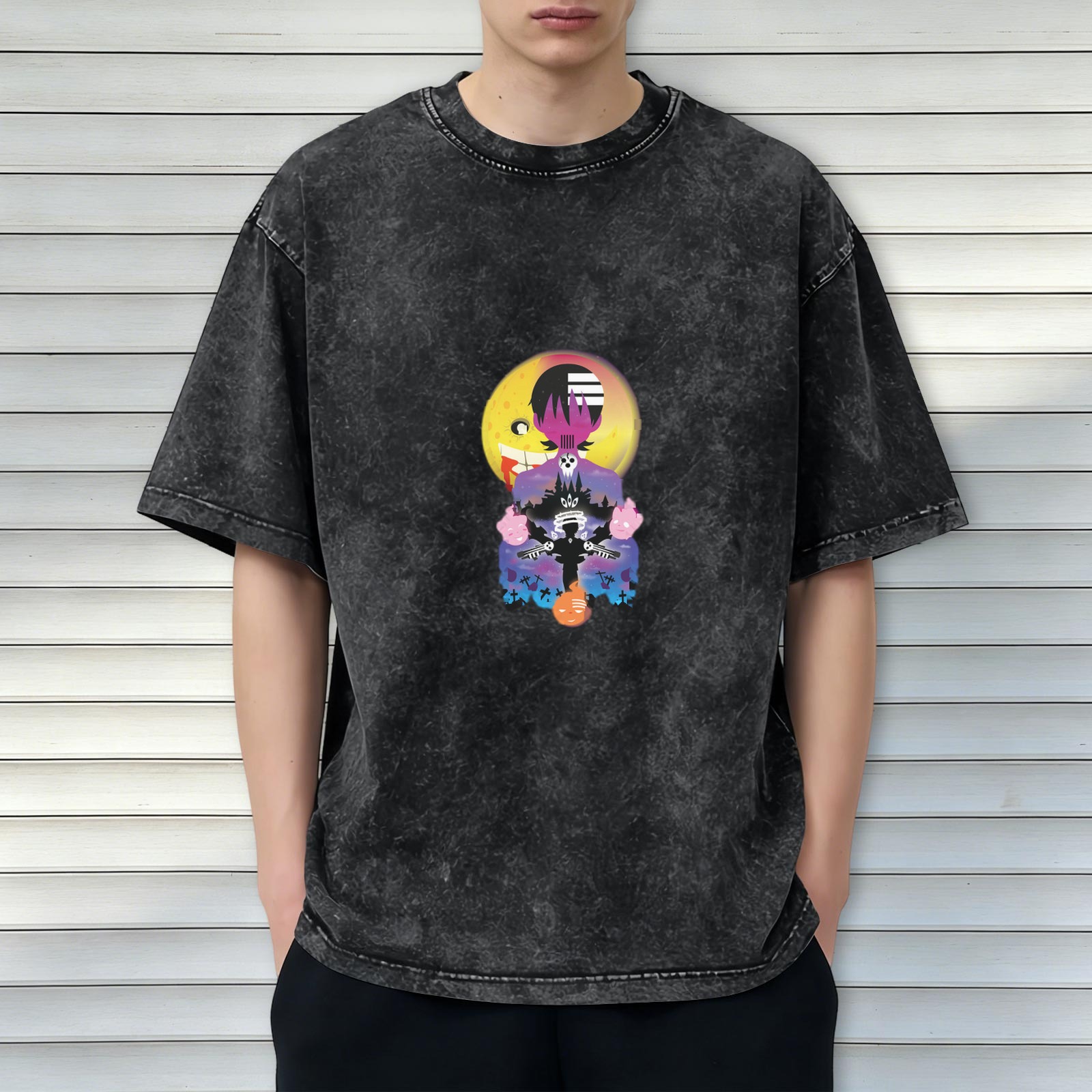 Oversized Acid Wash T-Shirt with Anime Graphic Print