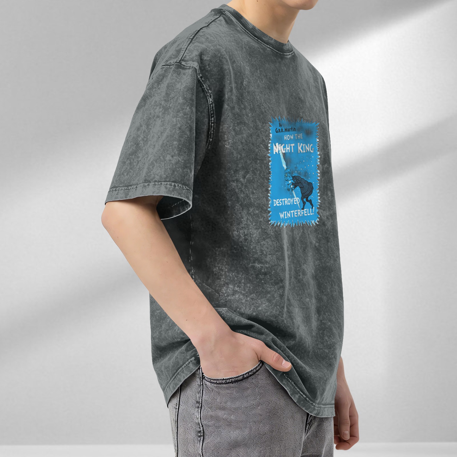 Oversized dark wash t-shirt with Night King Winterfell graphic print