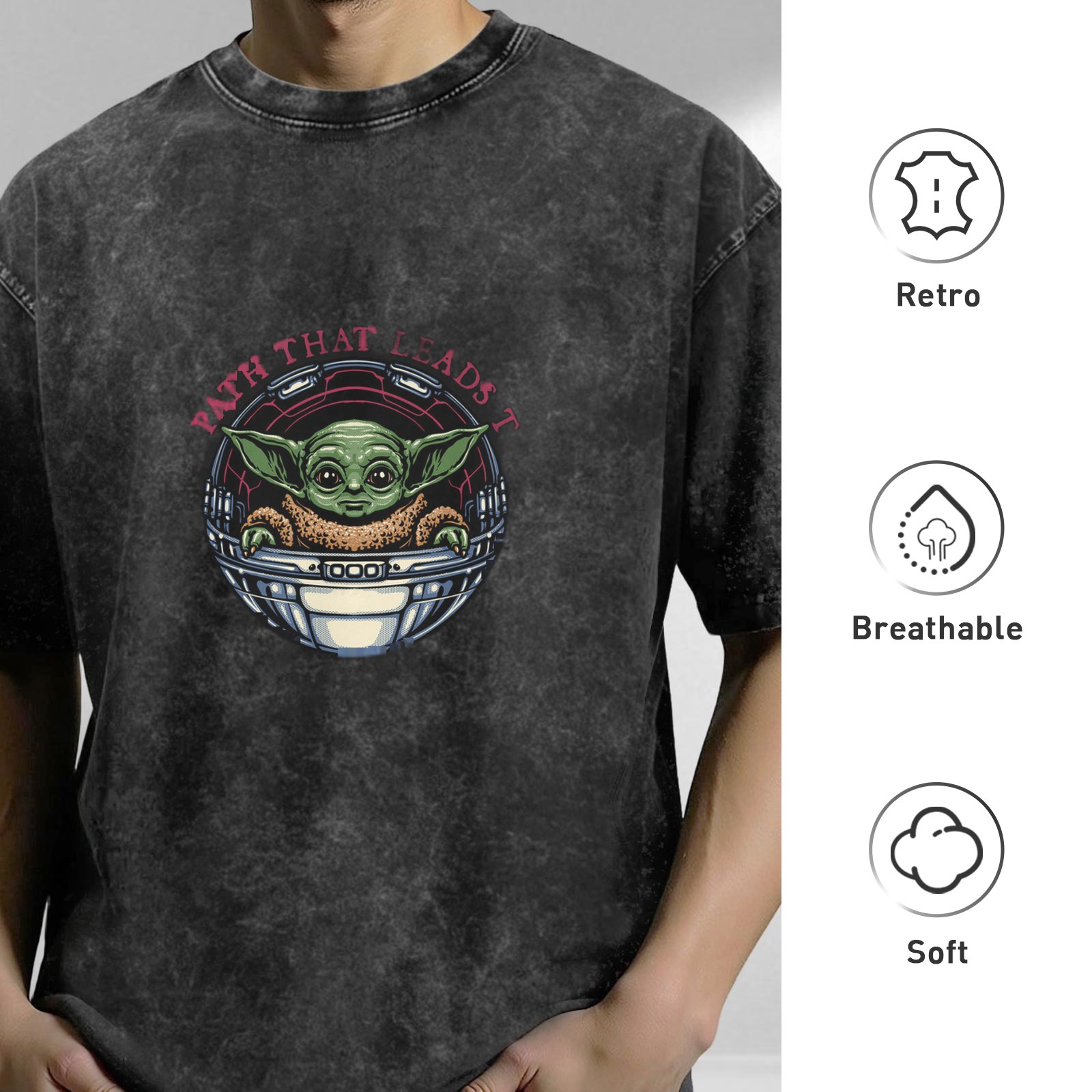 Washed graphic t-shirt with Baby Yoda in pod and path text