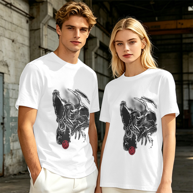 Olive T-Shirt With Dark Abstract Tentacle Creature Print