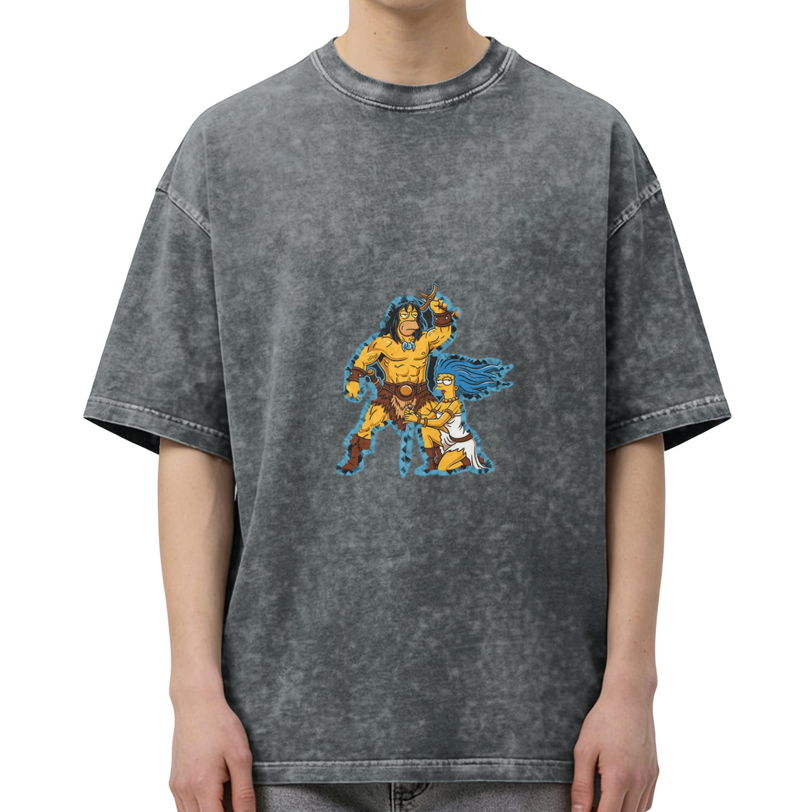 Washed Black T-Shirt with Simpsons Barbarian Print