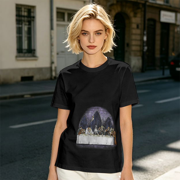 Olive Green T-Shirt with Skeletal Last Supper Graphic Print