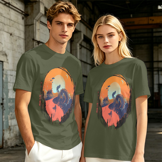 Olive T-Shirt with Sunset Mountain Wolf Silhouette Art Print