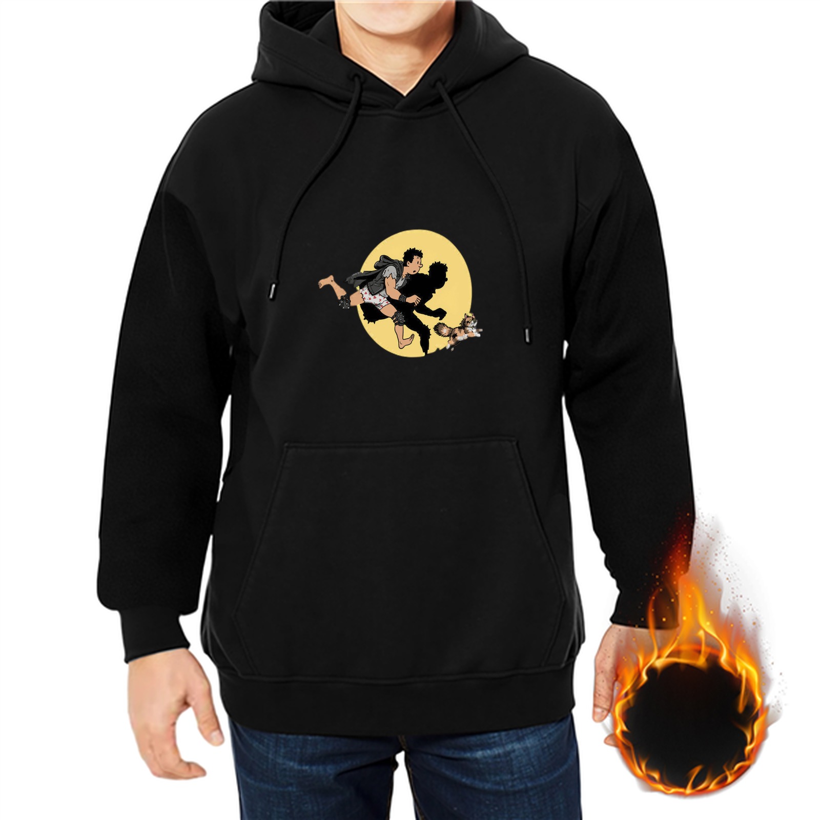 Black hoodie with running character and cat graphic design