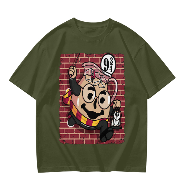 Olive T-shirt with Harry Potter themed pitcher graphic