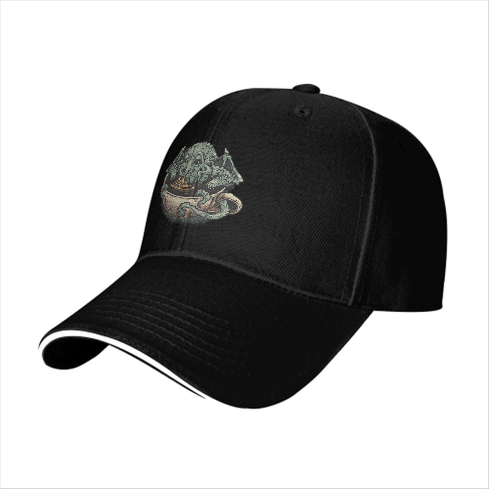 Black Baseball Cap With Cthulhu In Teacup Graphic Print