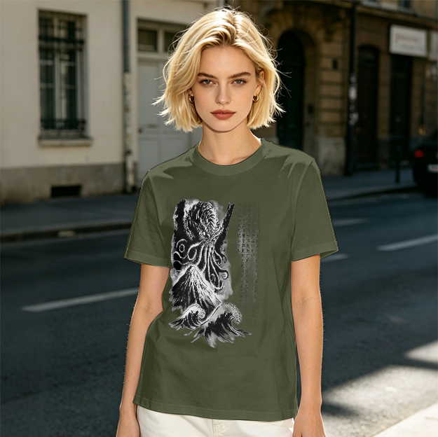 Olive T-shirt with Cthulhu and Wave Gothic Art Print