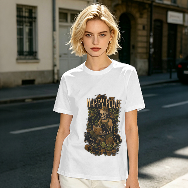 Happy Place Skeleton Gardener Cat Plant Lover T-Shirt