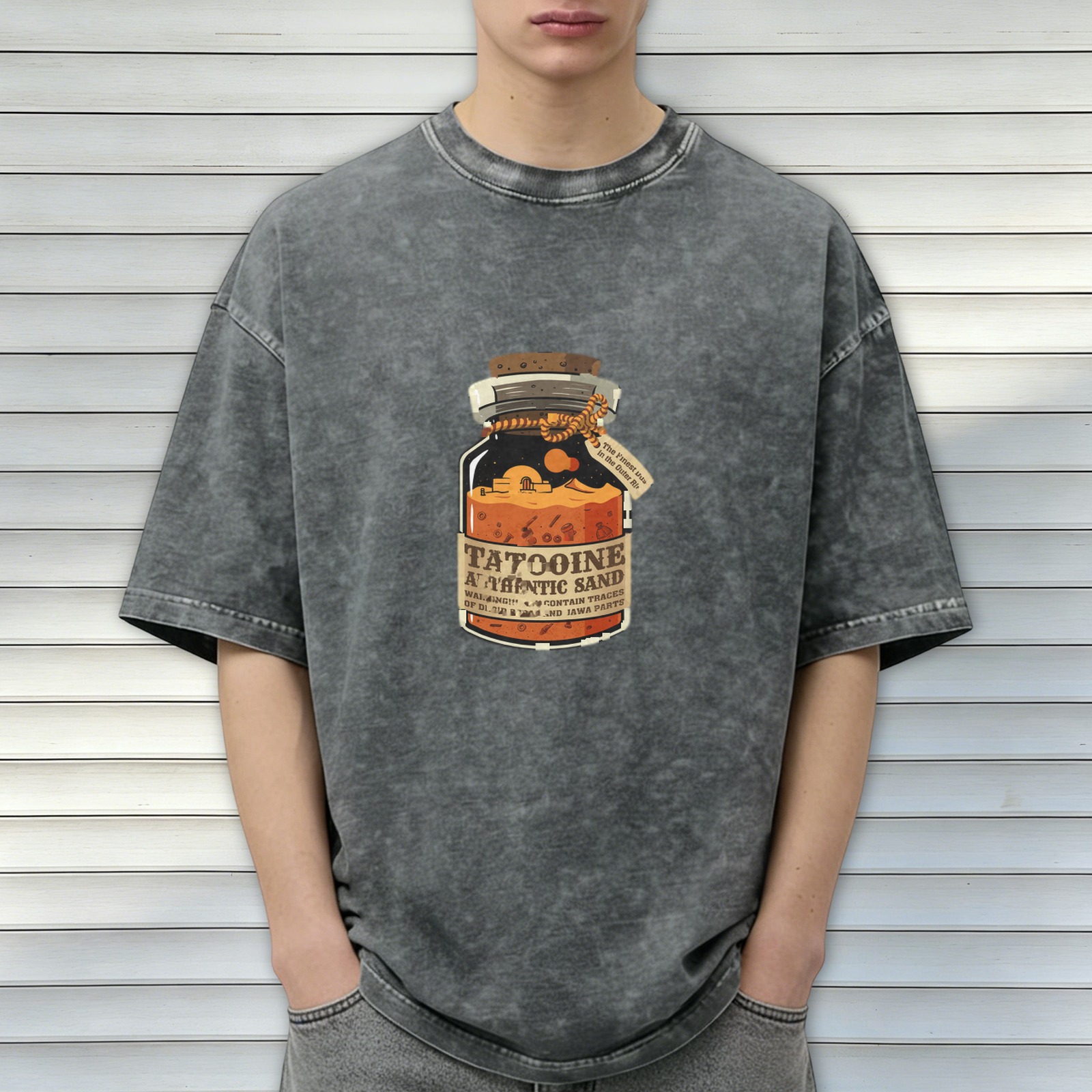 Oversized Acid Wash T-Shirt With Tatooine Authentic Sand Jar Print