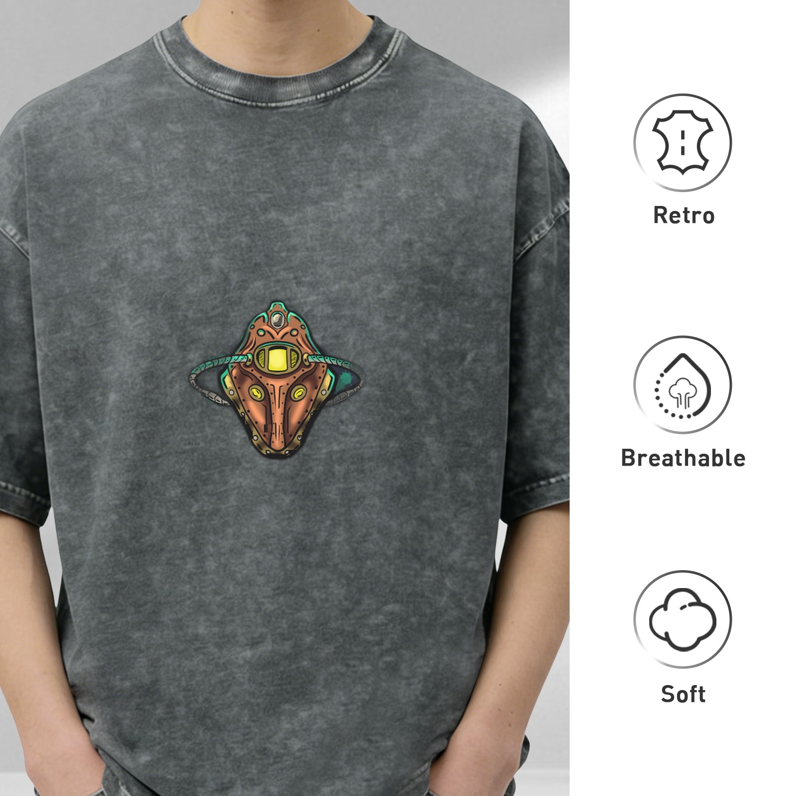 Oversized Acid Wash T-Shirt With Steampunk Robot Head Graphic