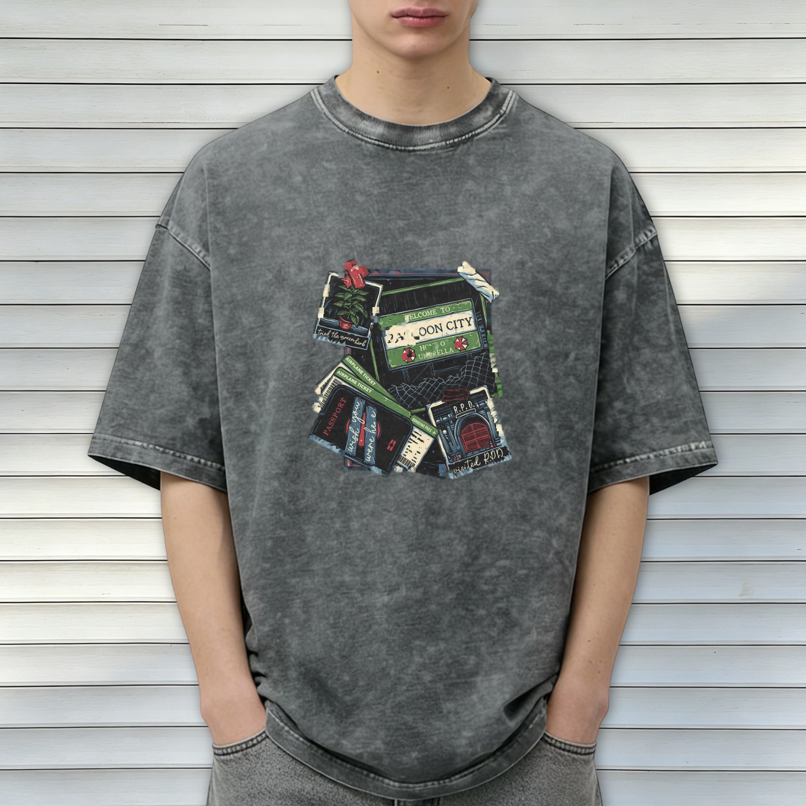 Oversized Acid Wash T-Shirt with Vintage Travel Collage Graphic