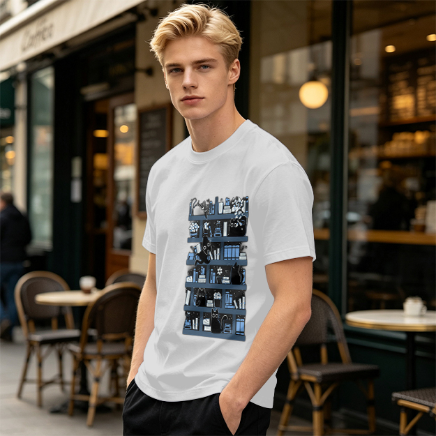 Olive Green T-Shirt With Black Cats On Bookshelves Graphic