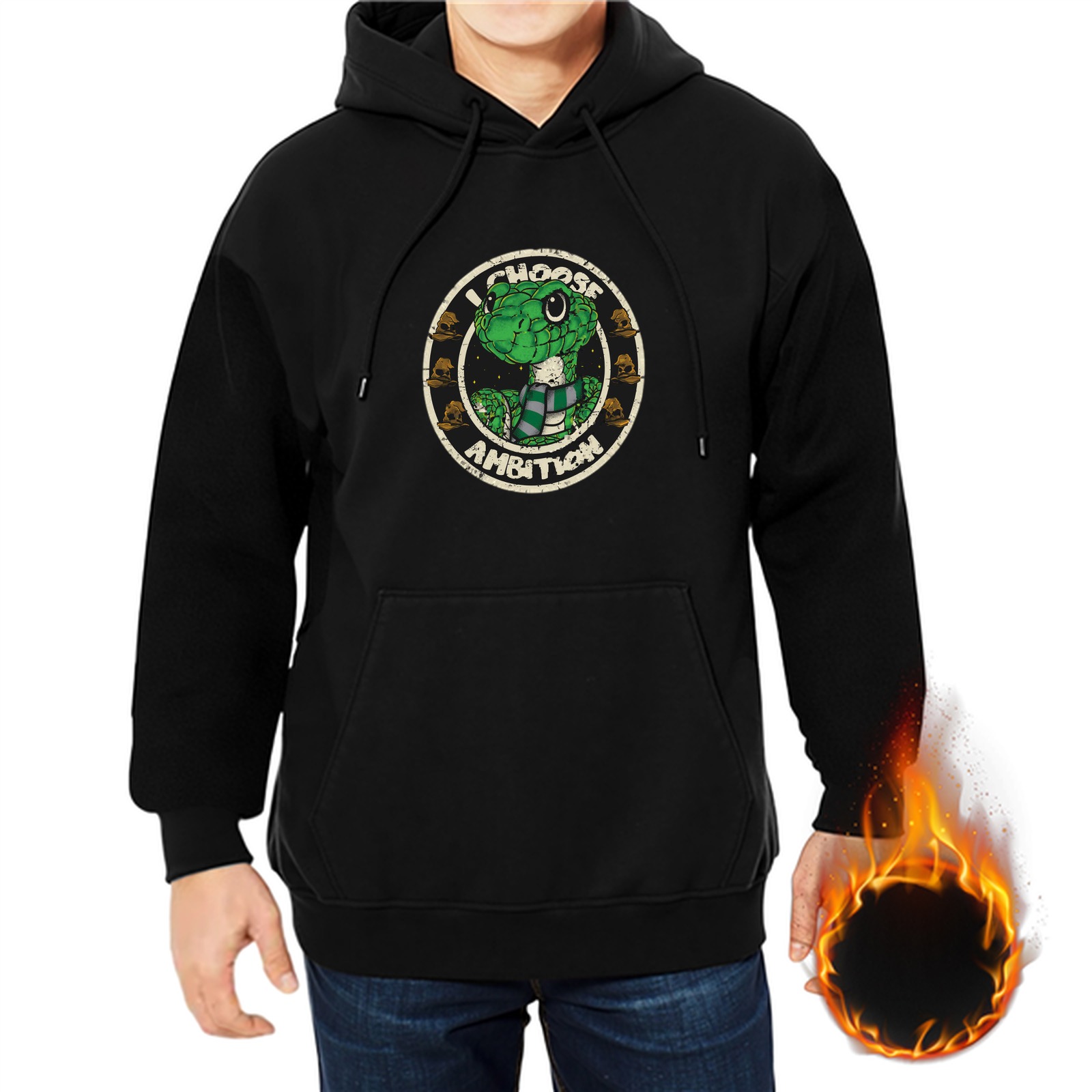 Black hoodie with Slytherin snake 'I Choose Ambition' graphic