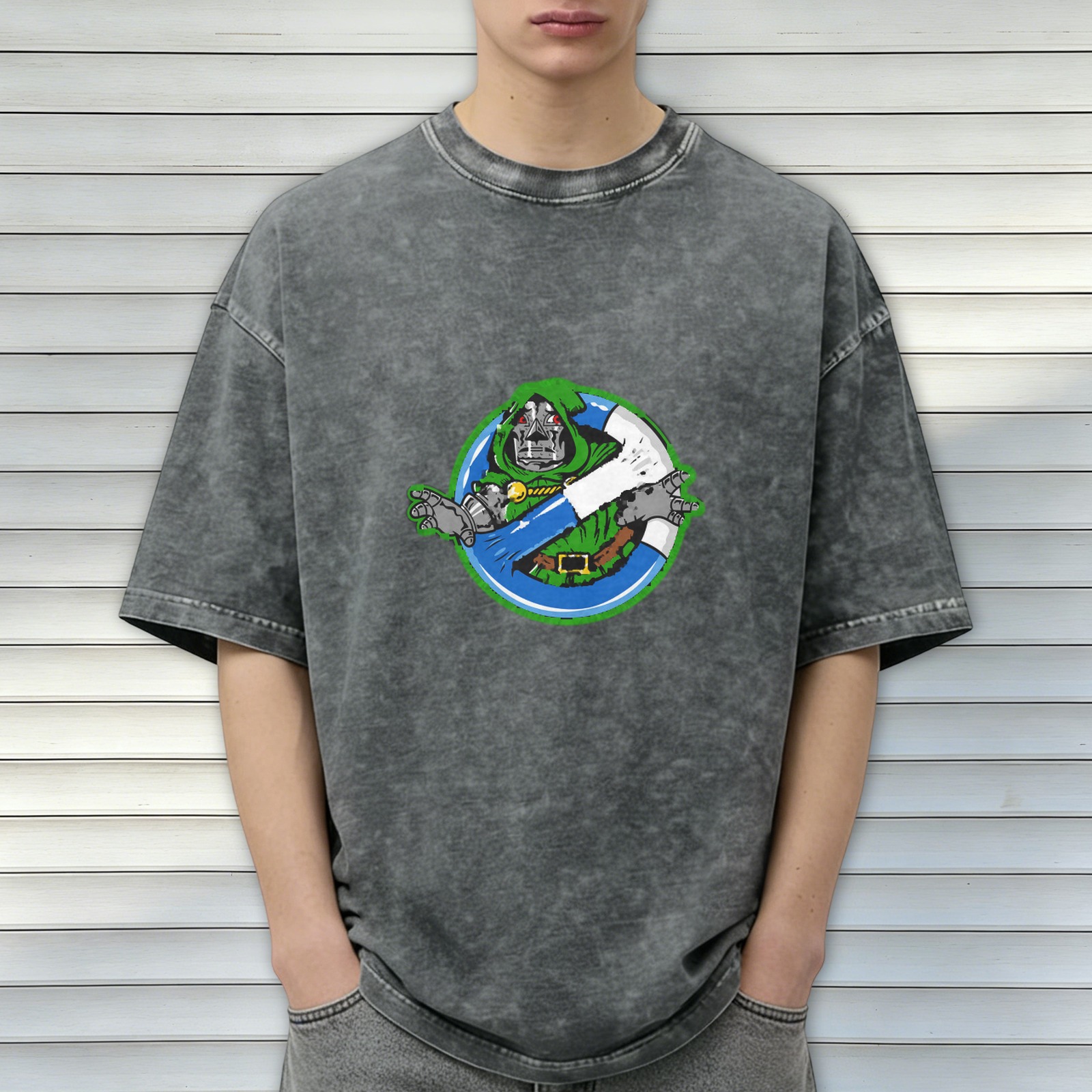 Oversized dark washed graphic tee with Doctor Doom ghostbusters style print