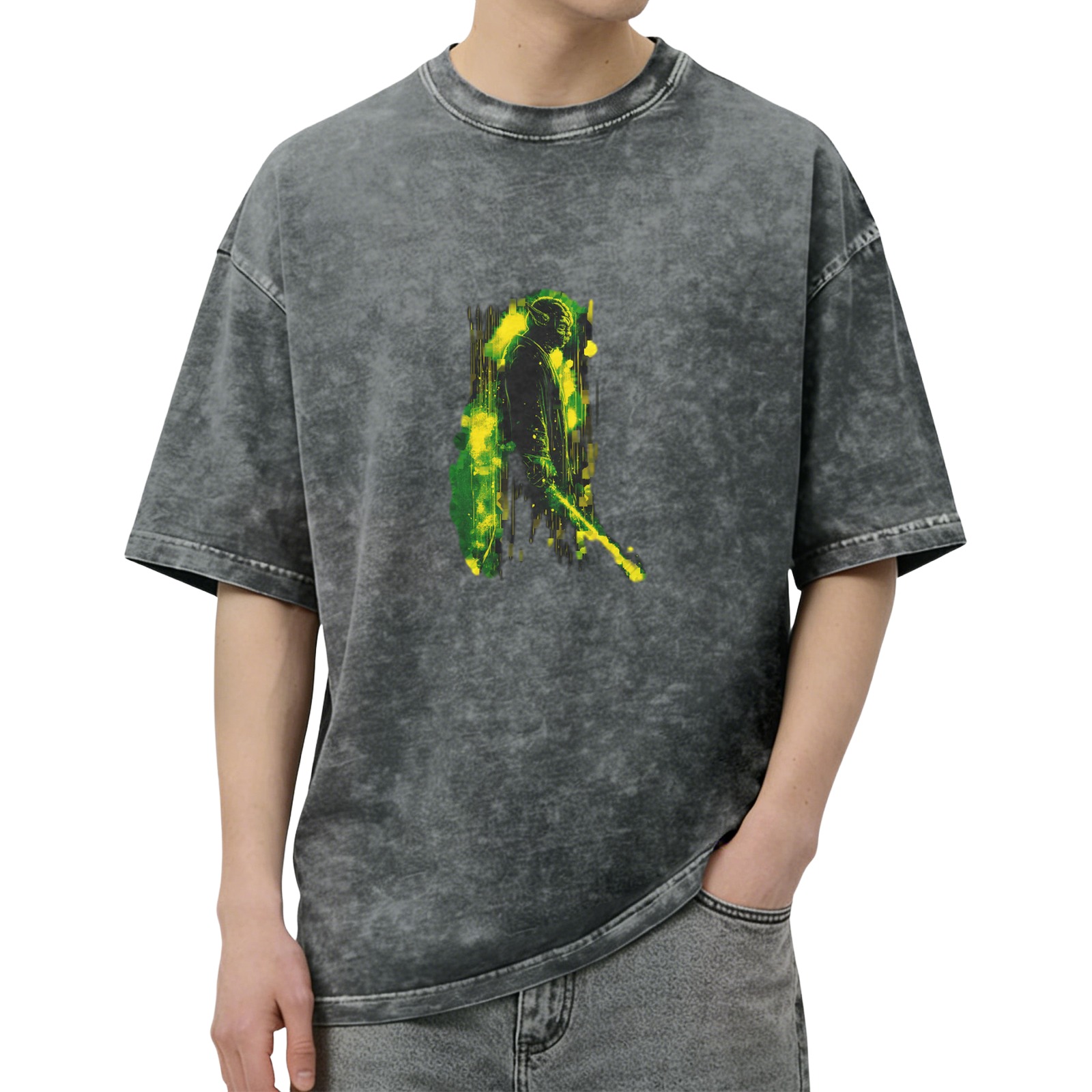 Oversized Acid Wash T-Shirt With Abstract Green Yellow Figure Print