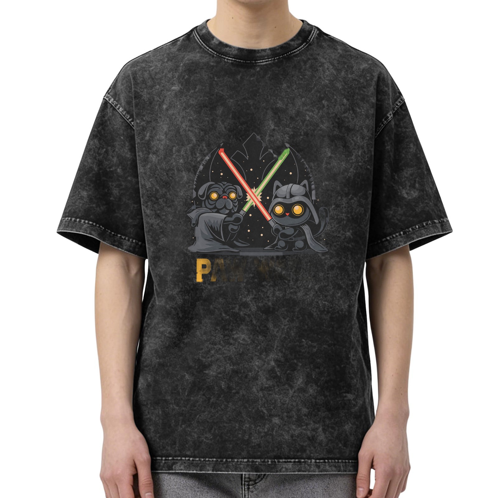 Washed black graphic t-shirt with paw wars cat and dog lightsaber design