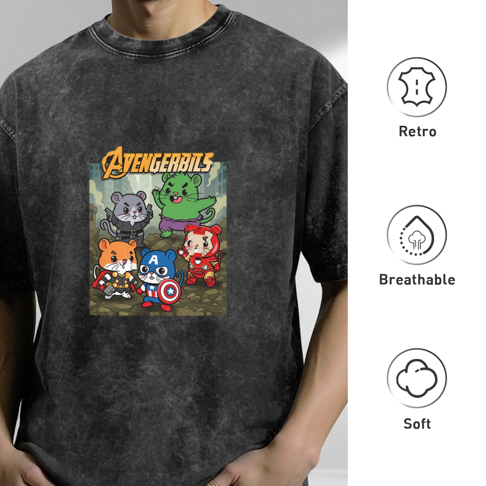 Avengerbils Hamster Superhero Graphic Acid Wash T-Shirt