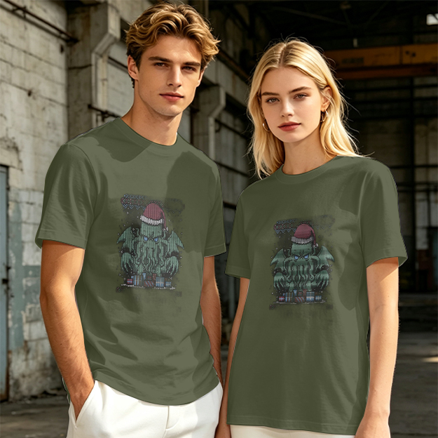 Olive T-Shirt With Christmas Cthulhu Graphic Print