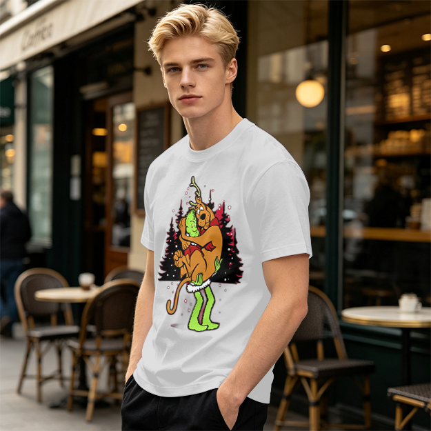 Olive Christmas T-Shirt Featuring Scooby-Doo Hugging The Grinch