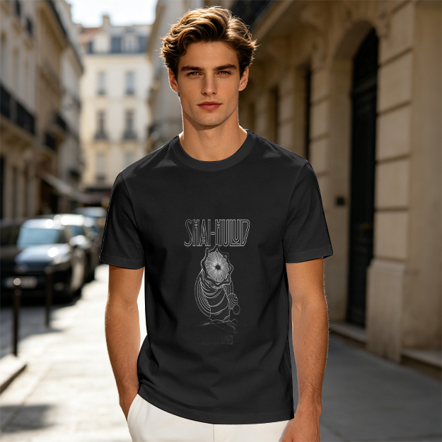 Olive green graphic t-shirt with masked figure print