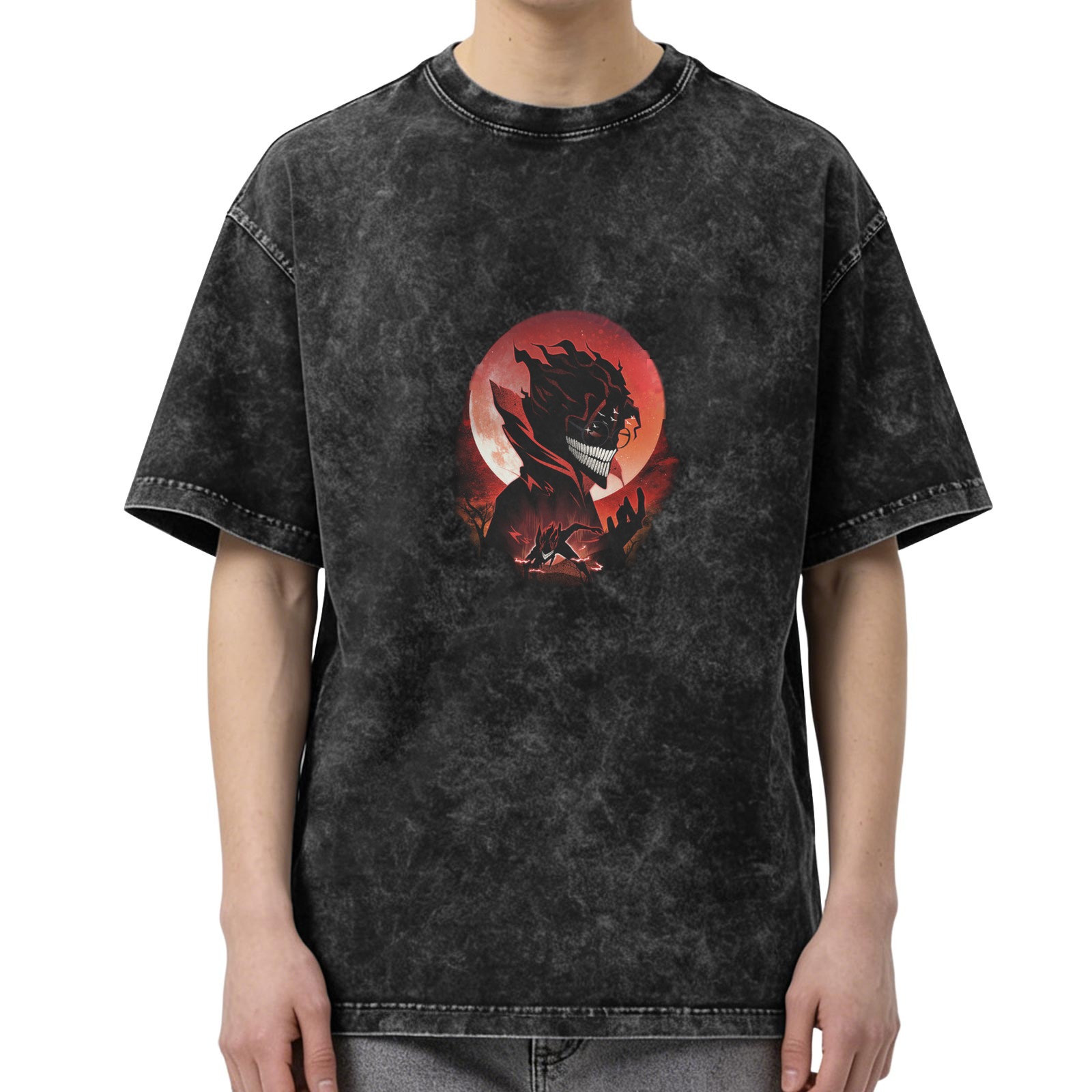Distressed black loose short-sleeved T-shirt anime style red moon character printed top