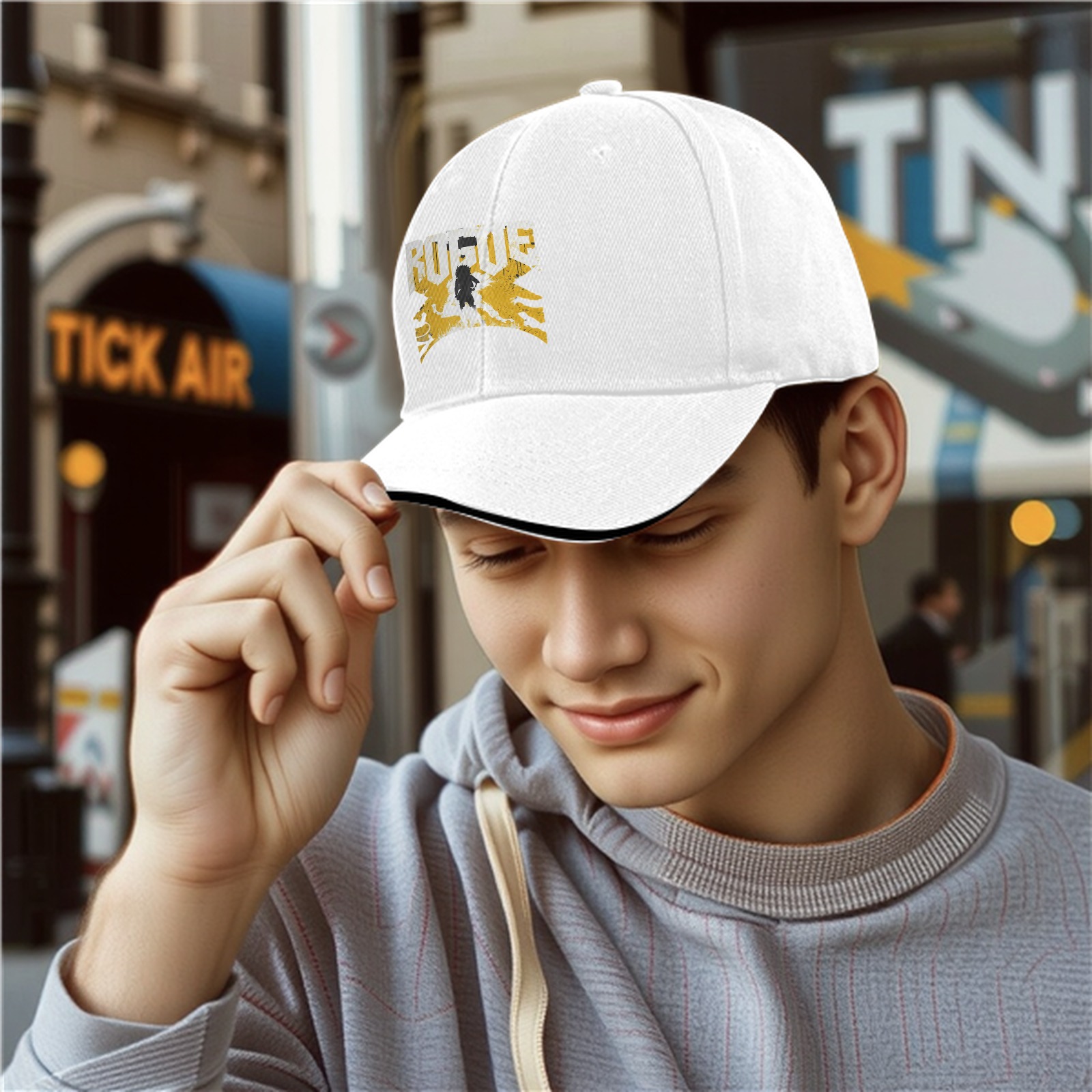 Black baseball cap with ROGUE text and silhouette graphic