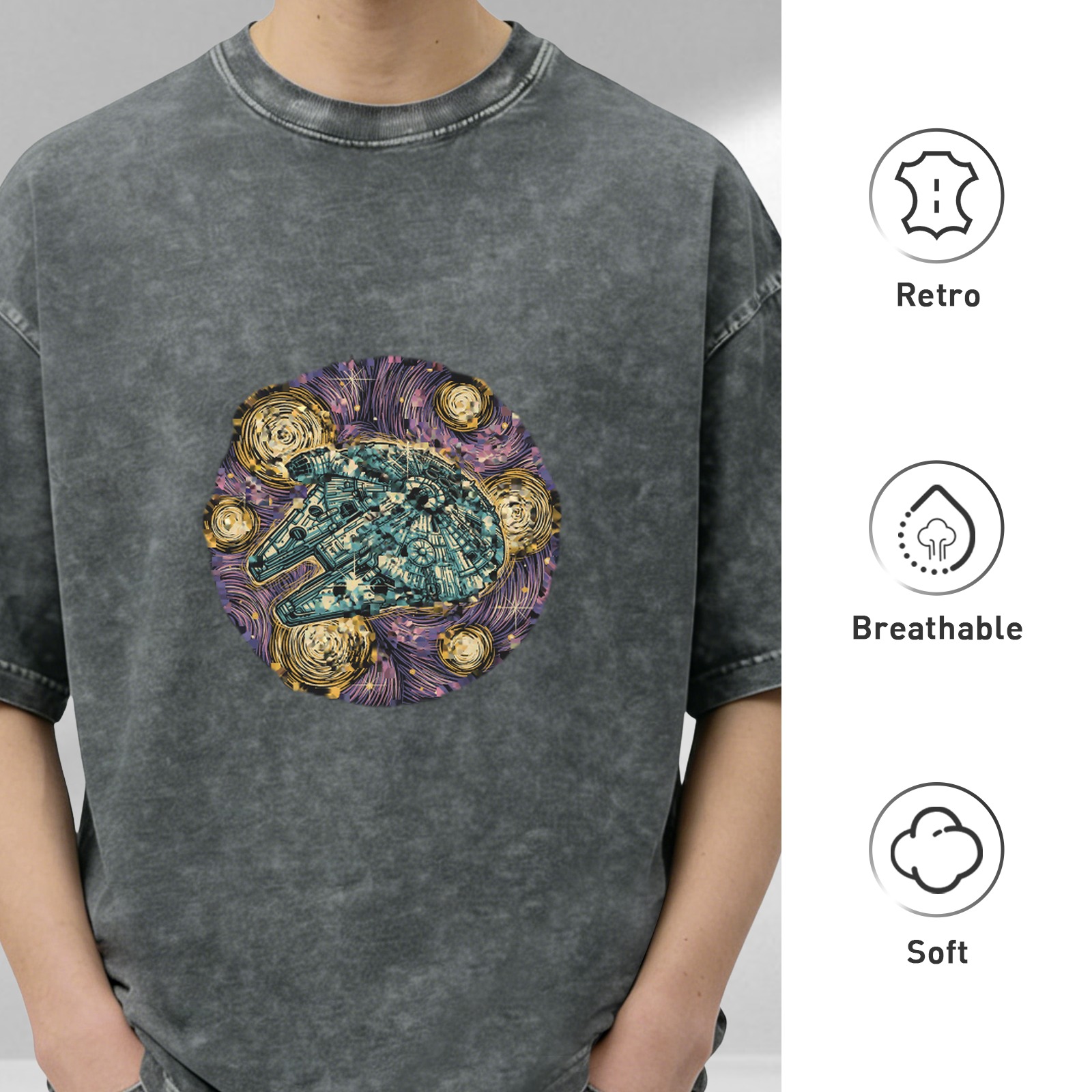 Washed Graphic T-Shirt With Starry Space Ship Art