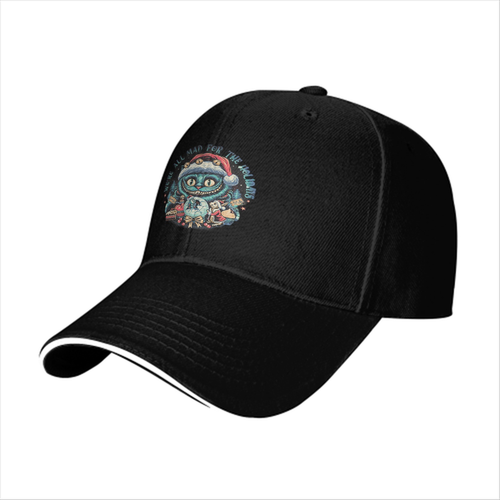 Black Baseball Cap With Cheshire Cat Holiday Christmas Print