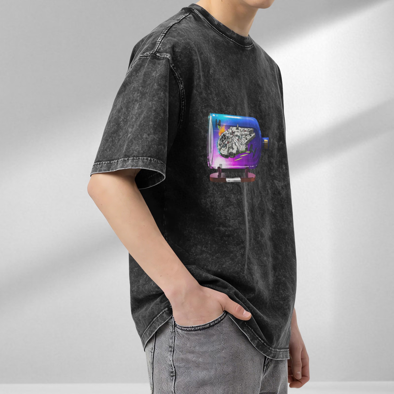 Oversized Acid Wash T-Shirt with Spaceship in Bottle Graphic