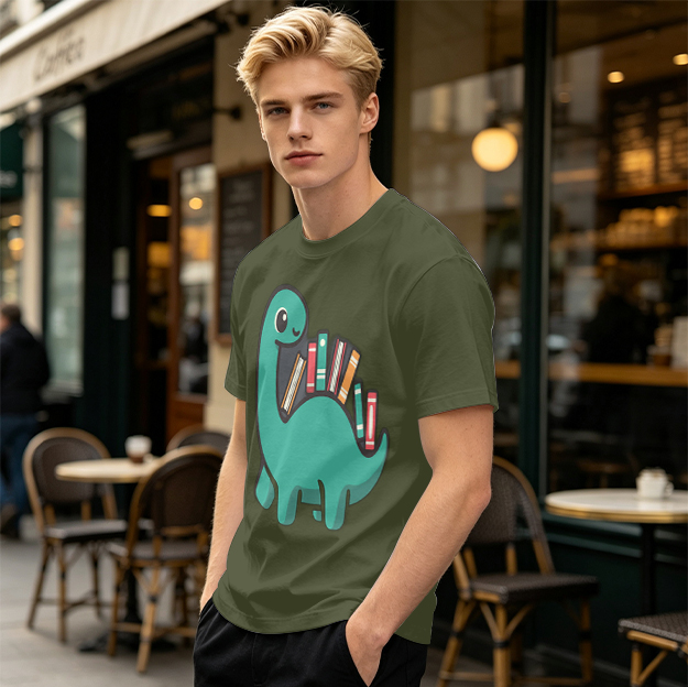 Olive T-shirt with cute dinosaur carrying books graphic