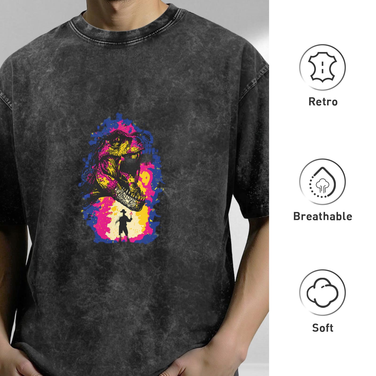 Washed Black Oversized T-Shirt with Dinosaur Cowboy Graphic