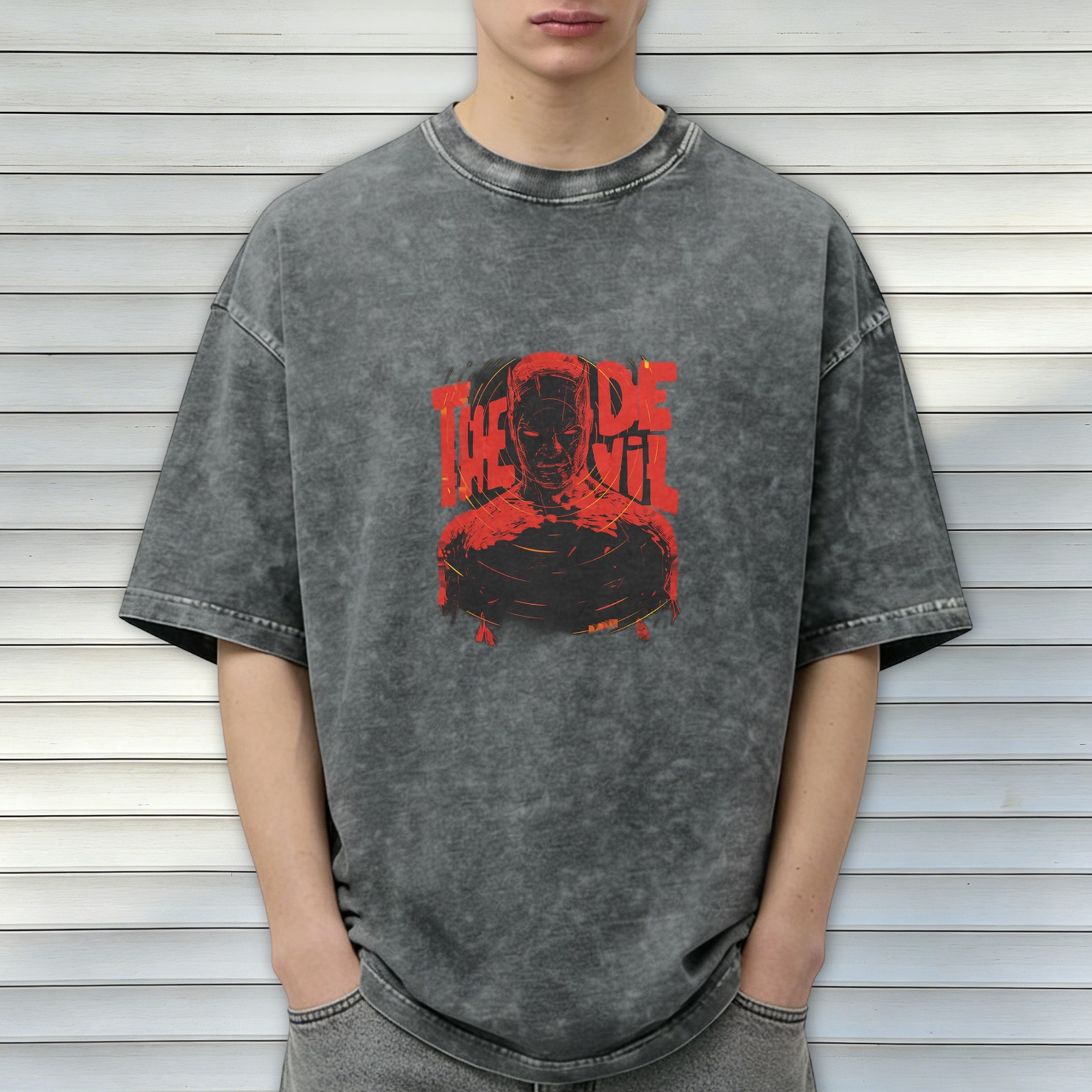 Washed Black T-Shirt With Daredevil The Devil Graphic Print