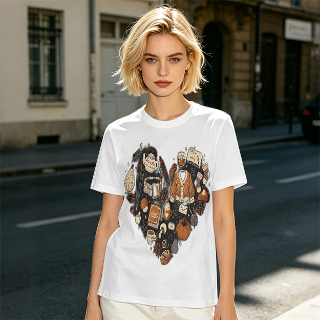 Olive Green T-Shirt With Fall Themed Heart Shaped Graphic