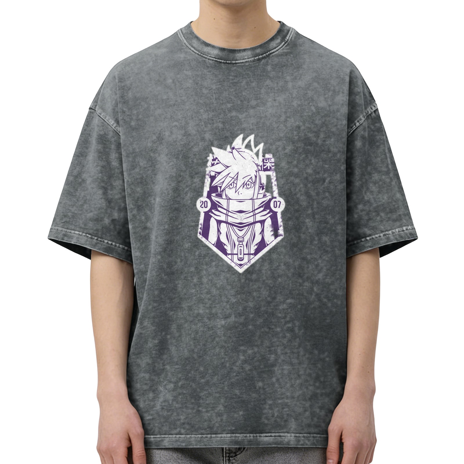Oversized Acid Wash T-Shirt with Anime Character Graphic