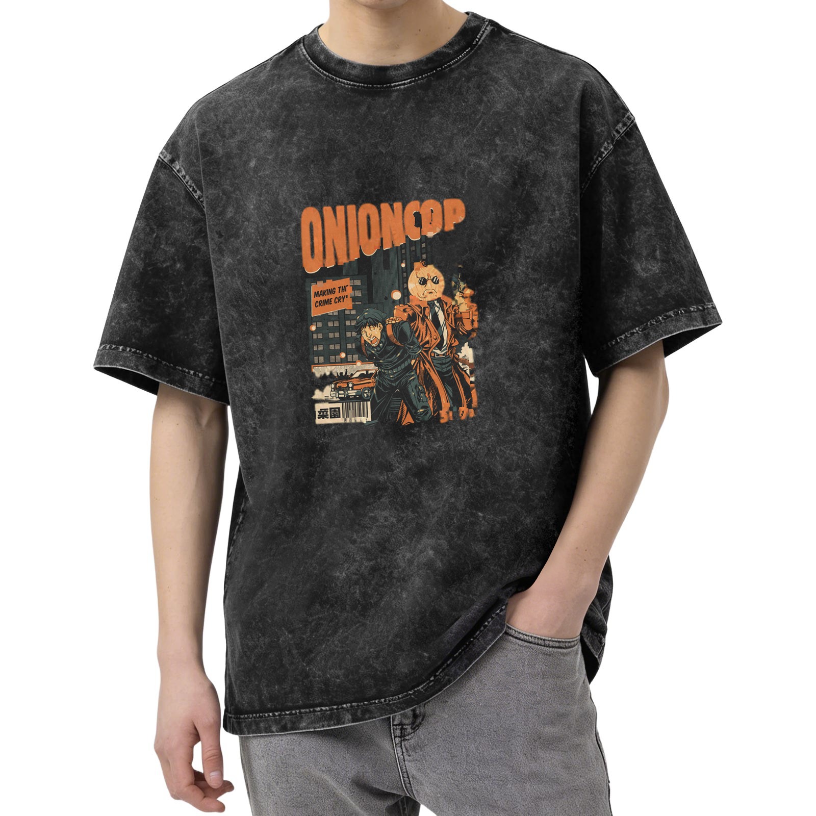 Onion Cop Graphic Vintage Wash Black T-Shirt