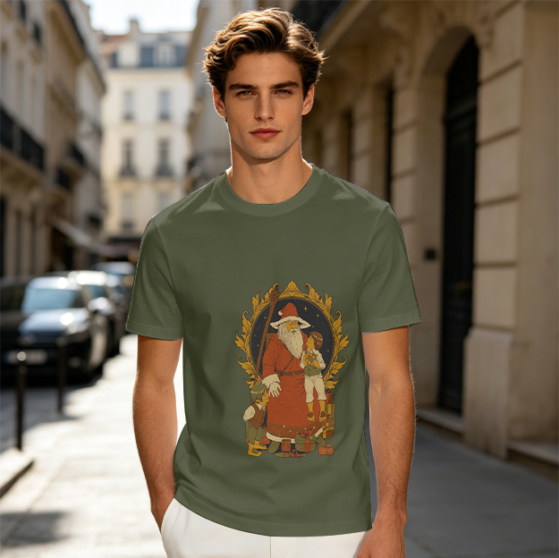 Olive T-Shirt with Vintage Santa and Children Christmas Art Print