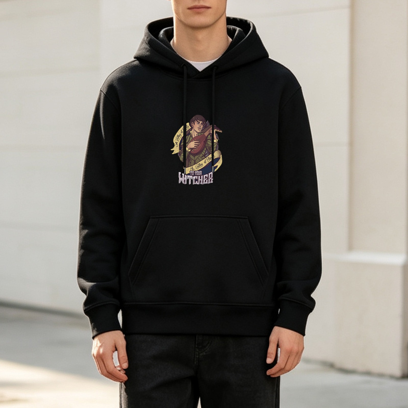 Black hoodie with The Witcher Jaskier lute graphic print