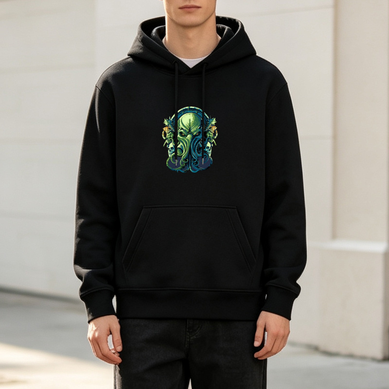Black Hoodie With Cthulhu Octopus Monster Graphic Print