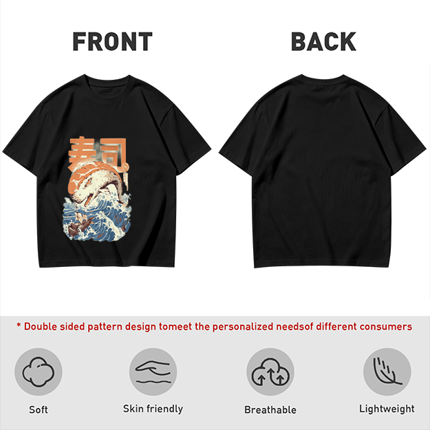 Olive t-shirt with sushi monster and great wave graphic