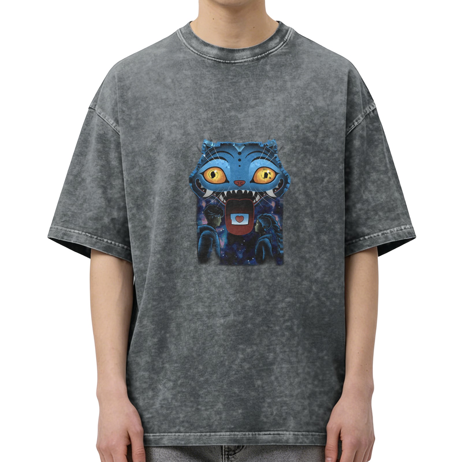 Distressed washed black loose short-sleeved T-shirt with blue cartoon monster pattern printed on the chest