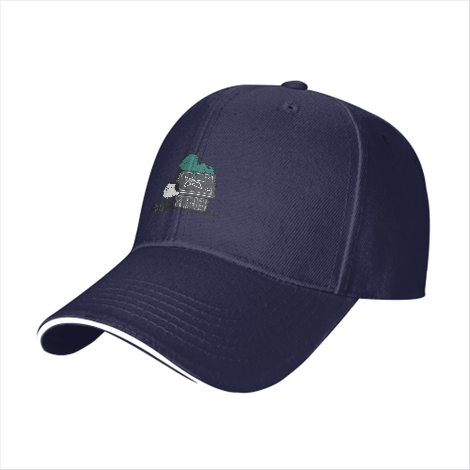 Black baseball cap with a whimsical printed graphic design