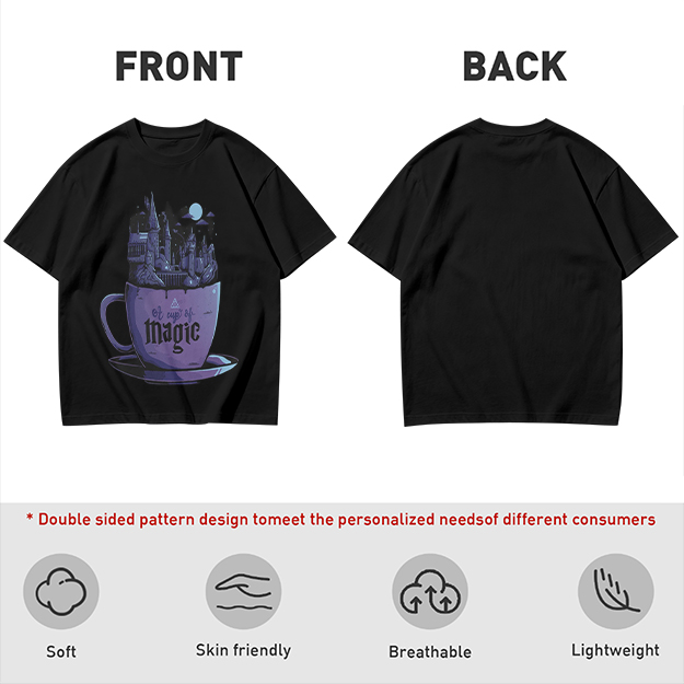 Olive T-Shirt With Teacup Holding Magical Castle Artwork