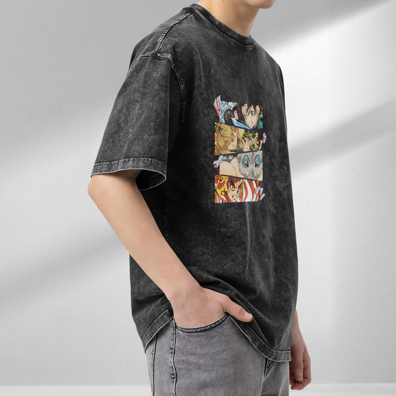 Demon Slayer themed distressed short-sleeved T-shirt