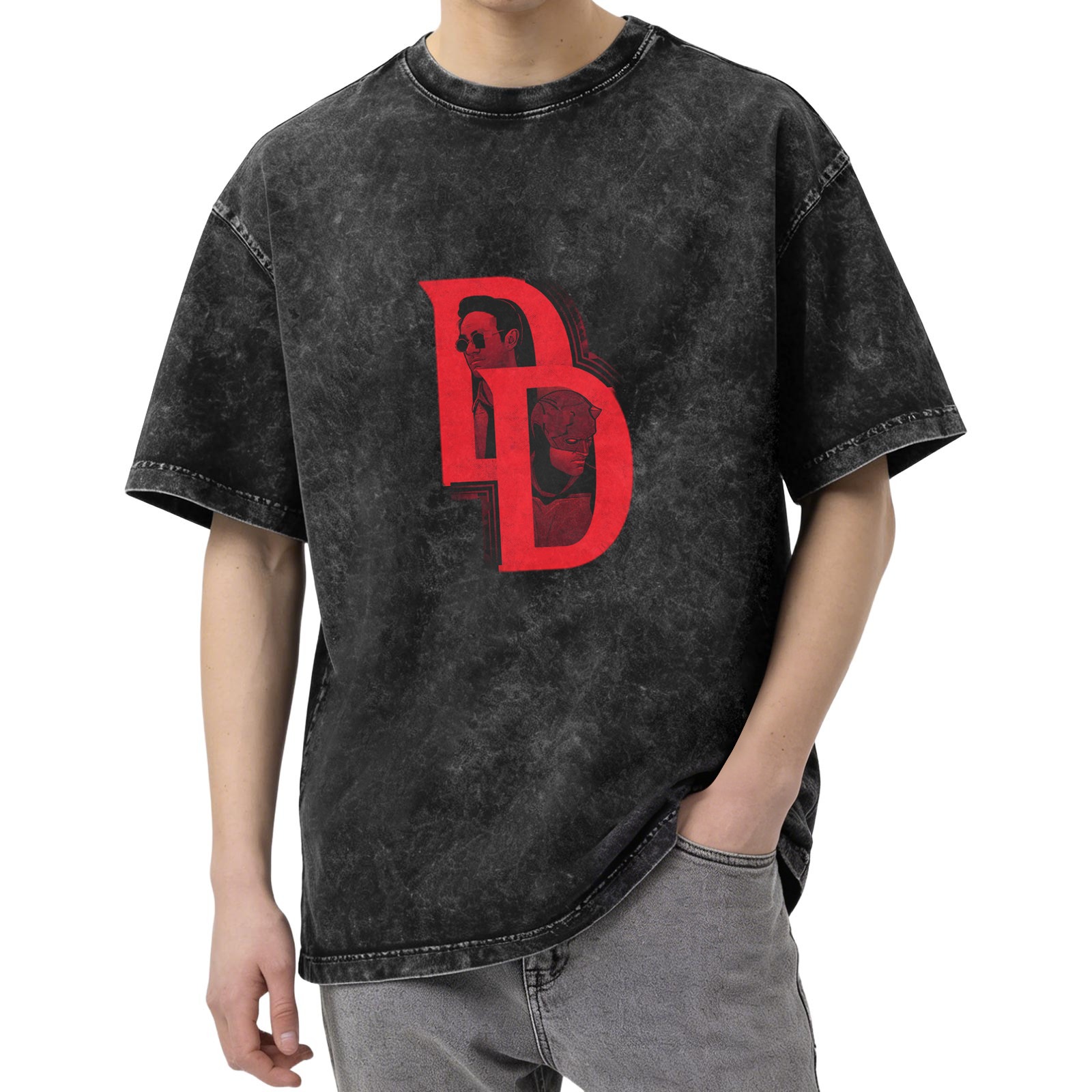 Washed Black T-Shirt with Daredevil DD Logo Graphic