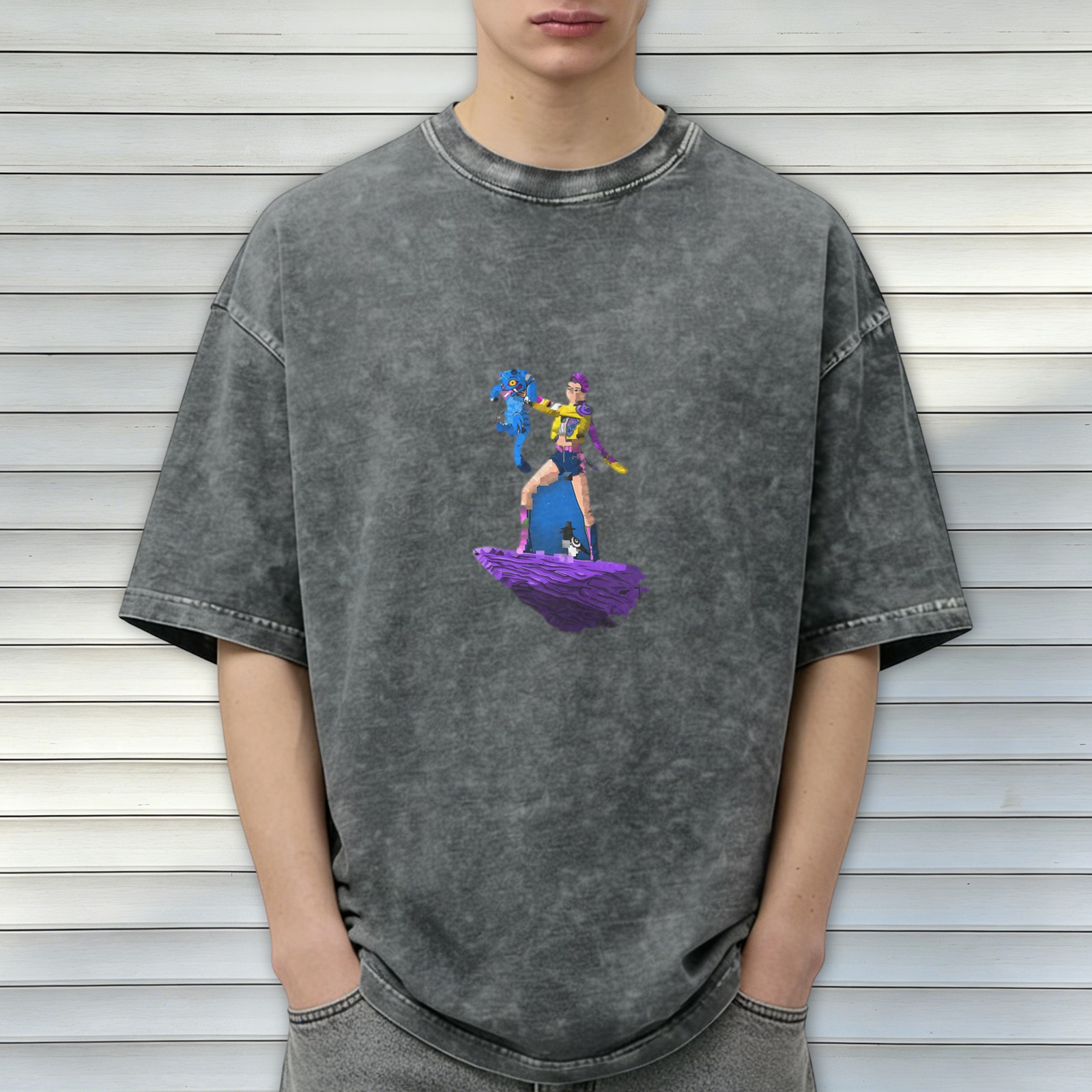 Washed black graphic t-shirt with floating character and creature print