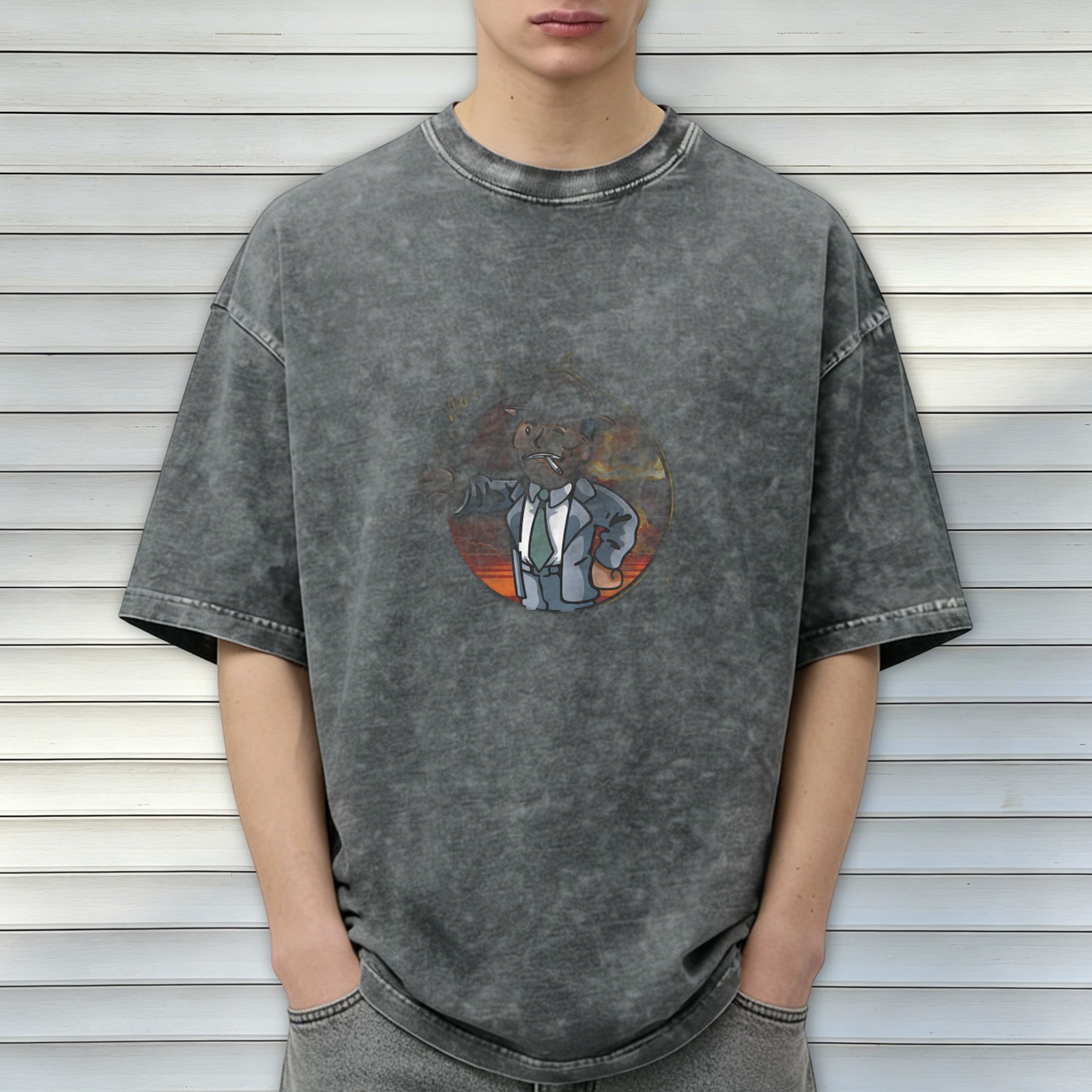 Distressed washed black cartoon print short-sleeved T-shirt Loose casual crew neck top