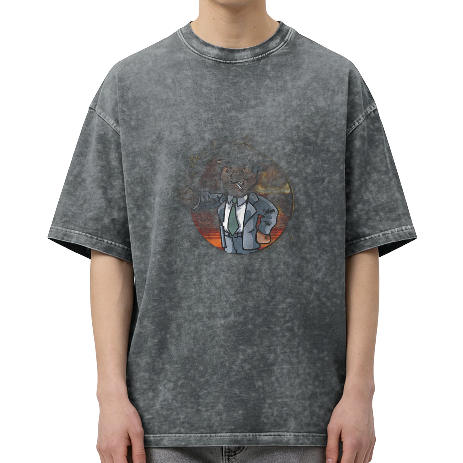 Distressed washed black cartoon print short-sleeved T-shirt Loose casual crew neck top