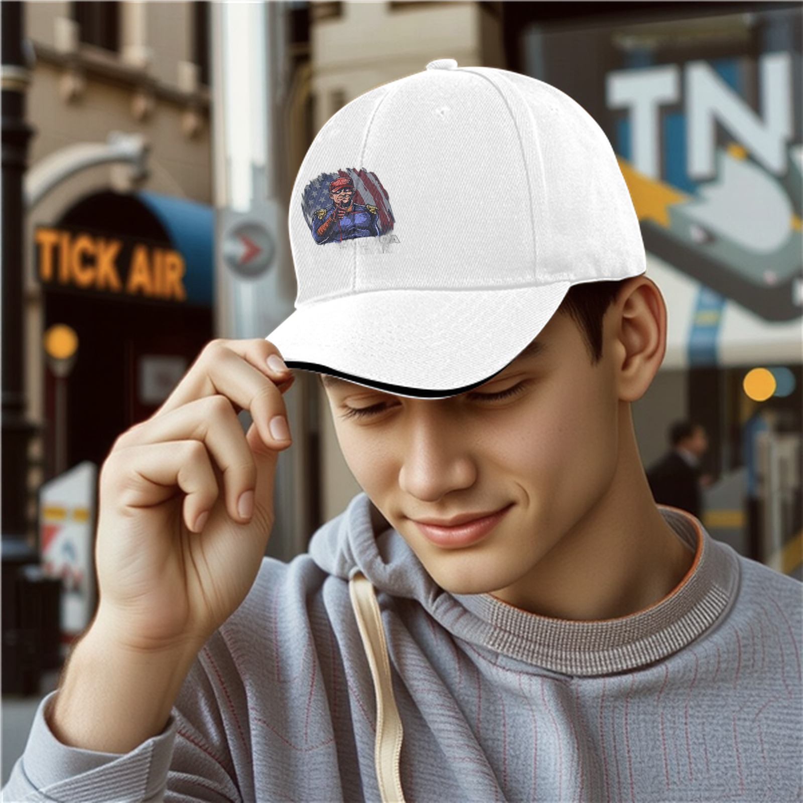 Black baseball cap with patriotic superhero graphic print