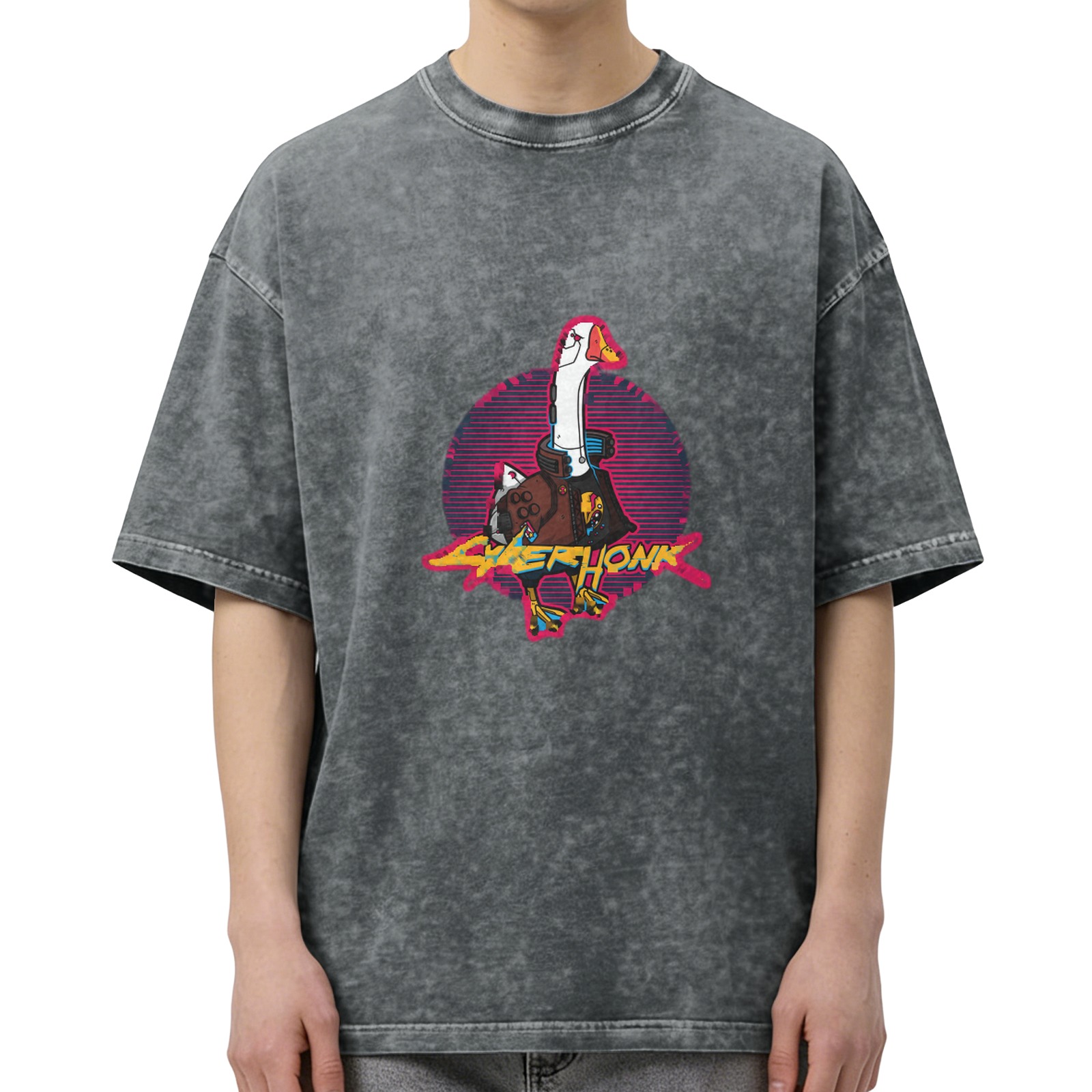 Cyber ​​Honk retro washed distressed style fun goose pattern short-sleeved T-shirt street fashion casual top